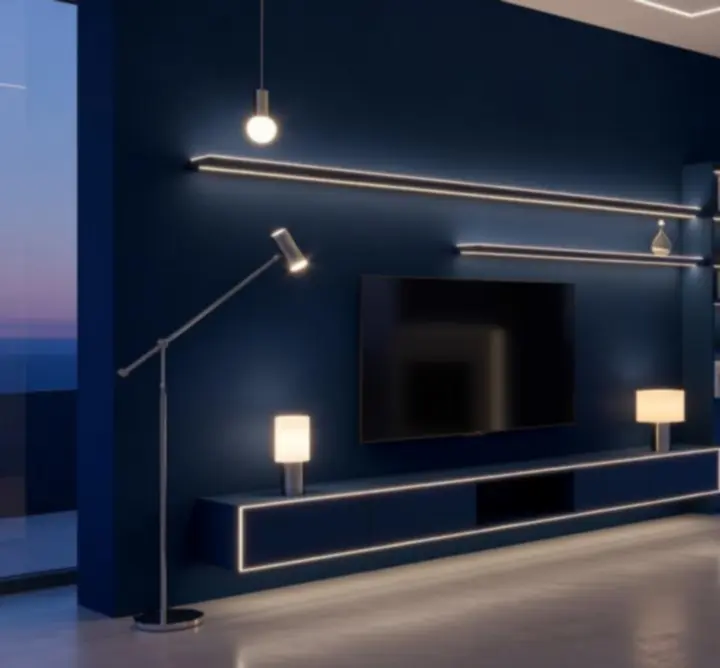 Modern okos világítással felszerelt nappali