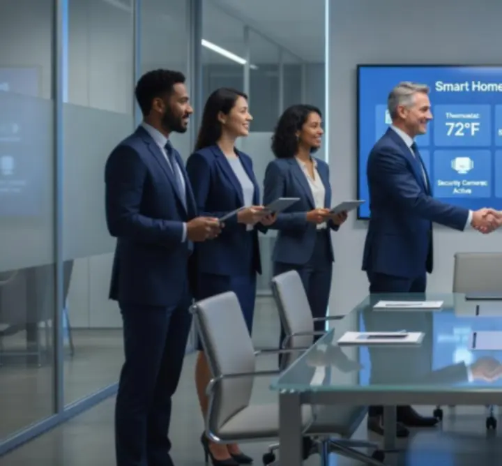 Üzleti partnerek találkozója a Smart Haven okosotthon megoldásainak tervezéséről