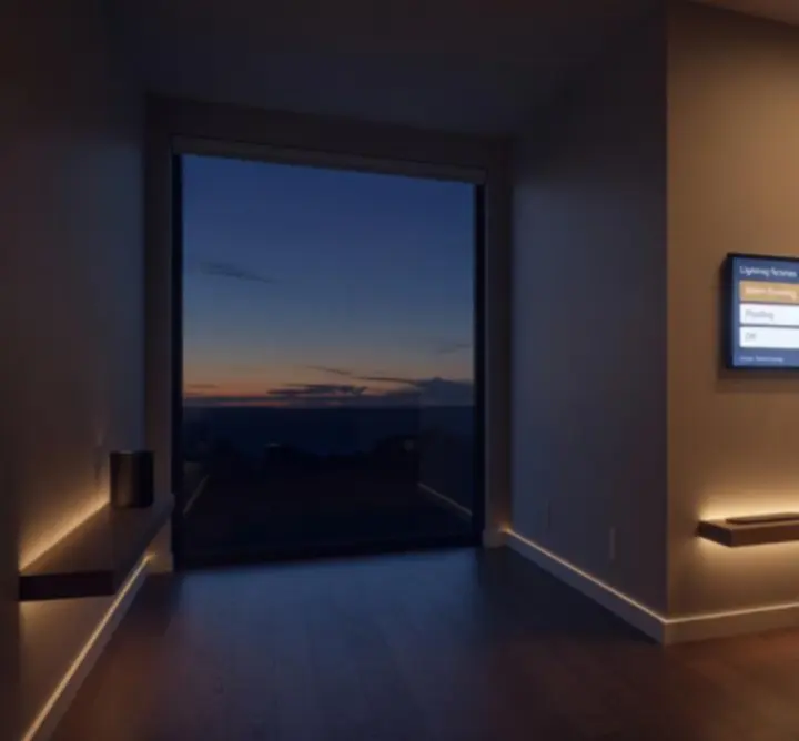 Okos világítás automatizált fényjelenetekkel egy modern nappaliban