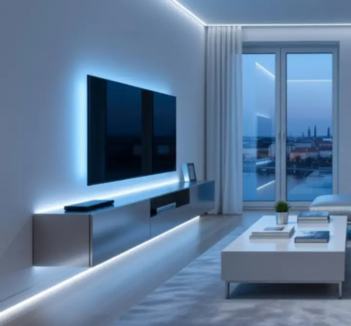 Modern nappali intelligens világítással, Smart Haven megoldásokkal vezérelve.