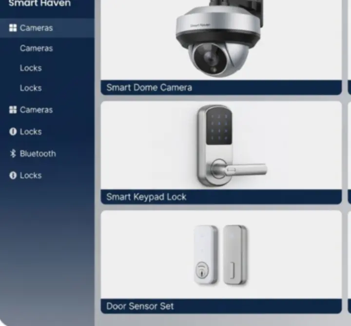 Smart Haven biztonsági termékkatalógus kamerákkal, zárakkal és érzékelőkkel