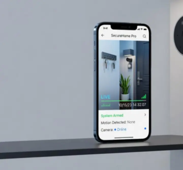 Okos biztonsági rendszer kamerákkal és érzékelőkkel, mobilos felügyelettel.